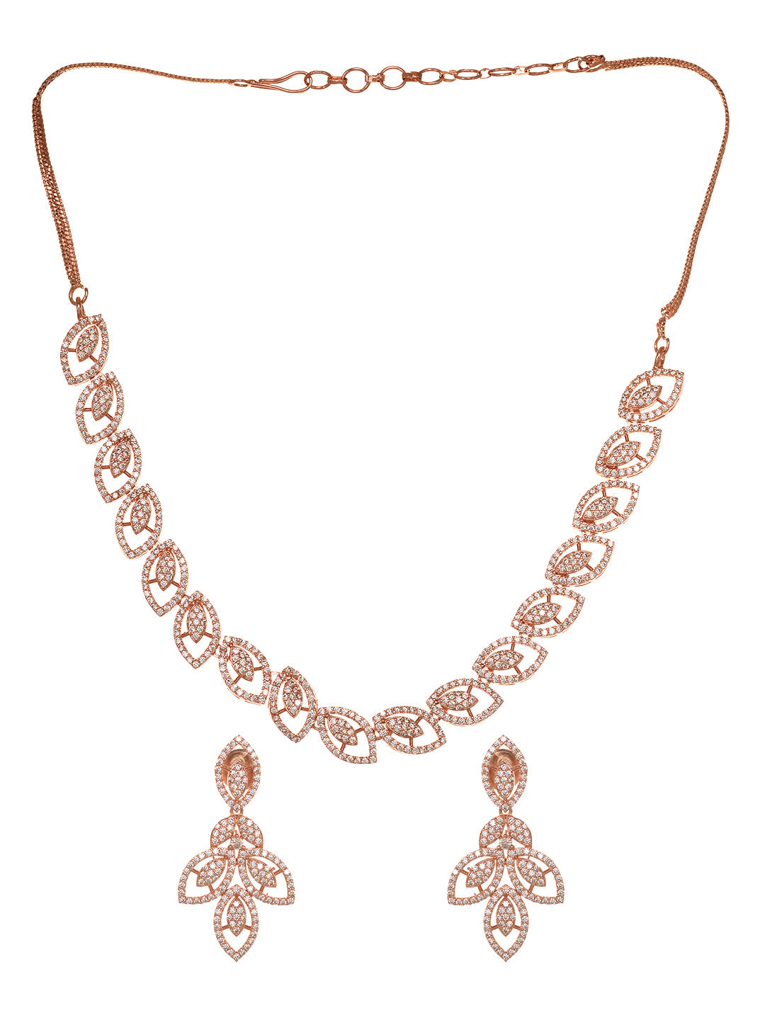 Rose Gold Plated AD Studded Geometric Minimal Necklace Jewellery Set, zaveri pearls, sale price rs, sale price, sale gold plated, sale gold, sale, rubans, ring, regular price, priyassi jewell